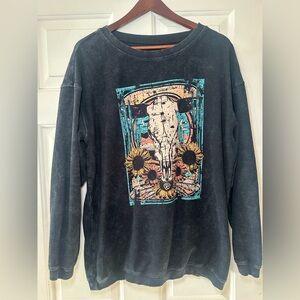 Rock & Roll Long Sleeve M Acid Wash Graphic Waffle Knit Shirt W/ Skull & Flowers
